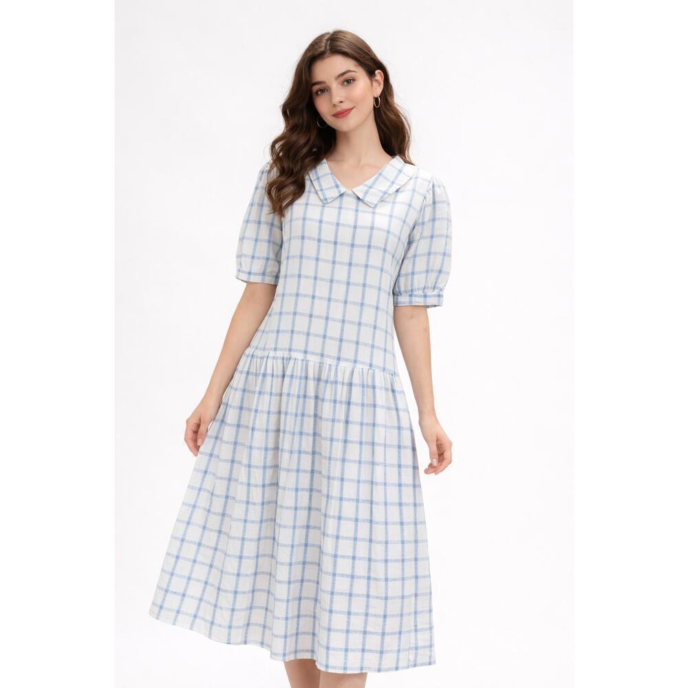 Vintage Putumayo NY Blue Plaid Cotton Dress – Peter Pan Collar – Cottagecore (M)